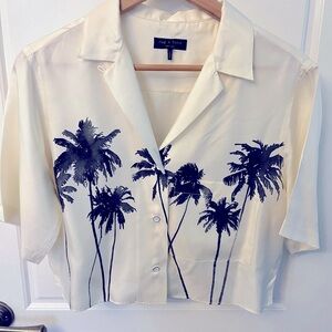 Rag and Bone 100 % silk cream colored blouse with palm tree design